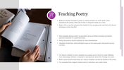 Slide on teaching poetry, featuring strategies for introducing and discussing poetry with students, with an image of a book.