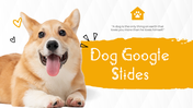 A pack of dog themed slides with sections on dog breeds, training, care, and adoption with text descriptions.