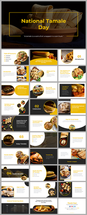 Slide deck with yellow and black themed slides showing tamale dishes, history, and health benefits with colorful visuals.