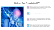 A modern epilepsy template with vibrant blue and purple tones, filled with informative icons and a image of a human figure.