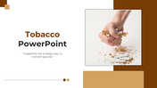 Tobacco themed slide pack with images of cigarettes, health effects, addiction, and regulatory information in brown tones.