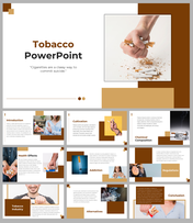 Tobacco themed slide pack with images of cigarettes, health effects, addiction, and regulatory information in brown tones.