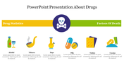 Illustration of drug related icons such as alcohol, tobacco, and pills, below a banner with a skull and crossbones.