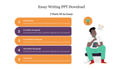 Five steps of essay writing listed next to an illustration of a person thinking and writing.