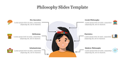 Philosophy slide featuring a central illustration of a woman with a thoughtful expression and various icons.