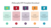 Philosophy-themed slide with five color-coded sections, each featuring a philosopher's name, caption, and icons.