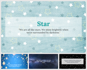 Slide deck with star themed backgrounds, featuring inspirational quotes against blue and starry night designs.