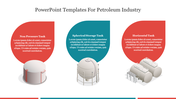 Three colorful nodes with icons of industrial tanks, arranged horizontally, used in a petroleum industry presentation.