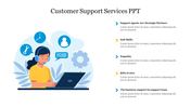 Illustration of a customer agent with a headset working on a laptop, with service related points listed on the right.