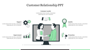 Slide detailing customer relationship elements and five sections with graphics and placeholder text with icons.