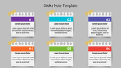 Grid of six sticky notes with colored headers and tape on top, arranged in two rows, with numbers 01 to06.