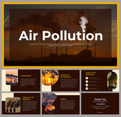 Air Pollution slide deck template with text placeholders showing the impact of air pollution, set against smoke and  skies.