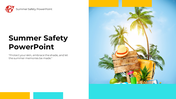 Summer safety slide with turquoise and yellow highlights featuring images of sun protection, water, and travel safety.