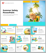 Summer safety slide with turquoise and yellow highlights featuring images of sun protection, water, and travel safety.