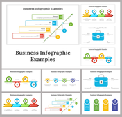 Infographic templates for business in various styles and colors, with step-by-step diagrams and icons in a grid layout.