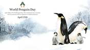 Snowy scene with a family of penguins, including two adults and chicks, in a watercolor illustration.