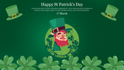 St. Patrick’s day template with a leprechaun in red beard, shamrocks, and decorative elements on a green background.