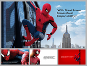 Spider-Man-themed slides with multiple images of the superhero and famous quotes, set against urban and red backgrounds.