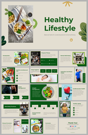 Healthy lifestyle presentation featuring multiple slides on many topics with images and text descriptions.