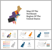 A pack of slides showing the map of Northeast region of the US, with each state highlighted in different colors.