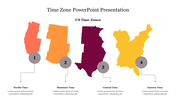 US time zones slide with color coded maps for pacific, mountain, central, and eastern time, each labeled with numbers.