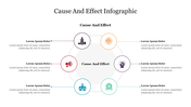 Circular cause and effect diagram with six icons connected around a central circle, featuring various colors.