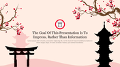 Cherry blossom-themed slide with Japanese pagoda and torii gate silhouettes with floral design and a central text.