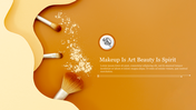 Slide featuring makeup brushes and powder on a brown gradient background, with a text on the right side.