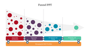 Funnel diagram with circles in varying sizes, transitioning from red to teal across different stages, from left to right.