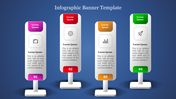 Infographic banner template with four vertical panels, each colour coded featuring icons and placeholders text.