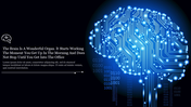 Digital brain illustration in bright blue circuitry with text area on the left, with a black background.