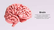 A realistic human brain with a pink hue, accompanied by motivational text about unlocking one's potential.