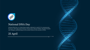 Slide for National DNA Day featuring a DNA icon and description of its historical significance on a blue backdrop.