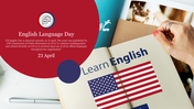 English language day slide highlighting the event details with a person holding a book featuring a U.S. flag.