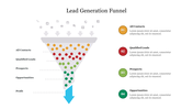 Funnel graphic showing colored dots filtering through different stages, with four numbered colorful text sections.