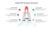 Graphic of a rocket lift off with smoke, surrounded by six colored text areas arranged in a circular layout.