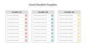 Three-column checklist template with red, blue, and yellow checkboxes and placeholder text under each list.