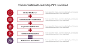 Slide on transformational leadership with red circular icons, component titles, and text arranged in a vertical layout.