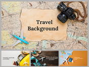 Slide deck on a map background with a camera and airplane, featuring smaller travel scenes and quotes at the bottom.