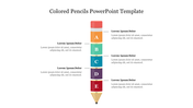 PowerPoint template with a stack of colored pencils and sections labeled A, B, C, D, and E with placeholder text.