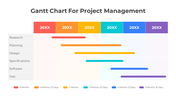 Project management Gantt chart with six tasks spanning different months, color-coded for task durations.