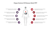 Gray human silhouette with ten icons of various organs in red and purple, with text lines on both sides.