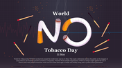 Cigarette forming the word no, with scattered matchsticks on a dark background, with anti-tobacco text at the bottom.