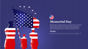 Memorial day slide featuring silhouettes of U.S. soldiers with American flag overlay and fighter jets flying overhead.