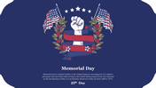 A raised fist surrounded by American flags, laurel leaves, and a red ribbon on a blue background, symbolizing Memorial day.