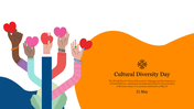 Illustration of diverse hands holding hearts, with text about cultural diversity day on May 21, in an orange wave background.