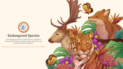 Slide highlighting endangered species, showing a deer, fox, and tiger in a nature-themed design with tropical foliage.