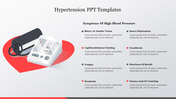 Slide featuring a blood pressure machine on a heart background, with a list of high blood pressure symptoms and text area.