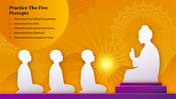 White silhouettes of monks listening to Buddha on a purple platform with an orange background and five precepts listed.