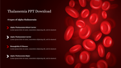 Floating red blood cells on a dark background with thalassemia related information displayed in a list format.